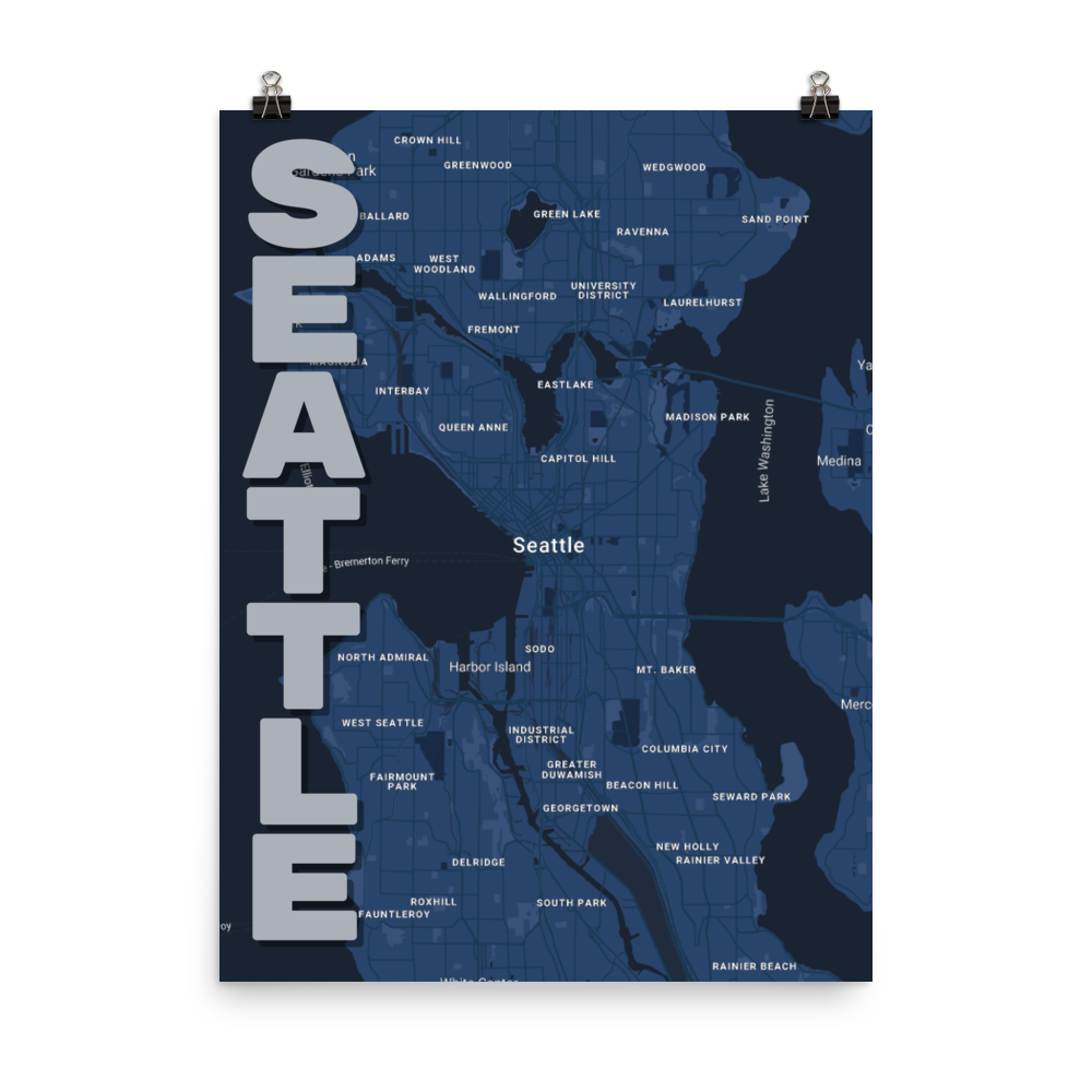 Stylized Map- Seattle, Washington Spellout 18" x 24"