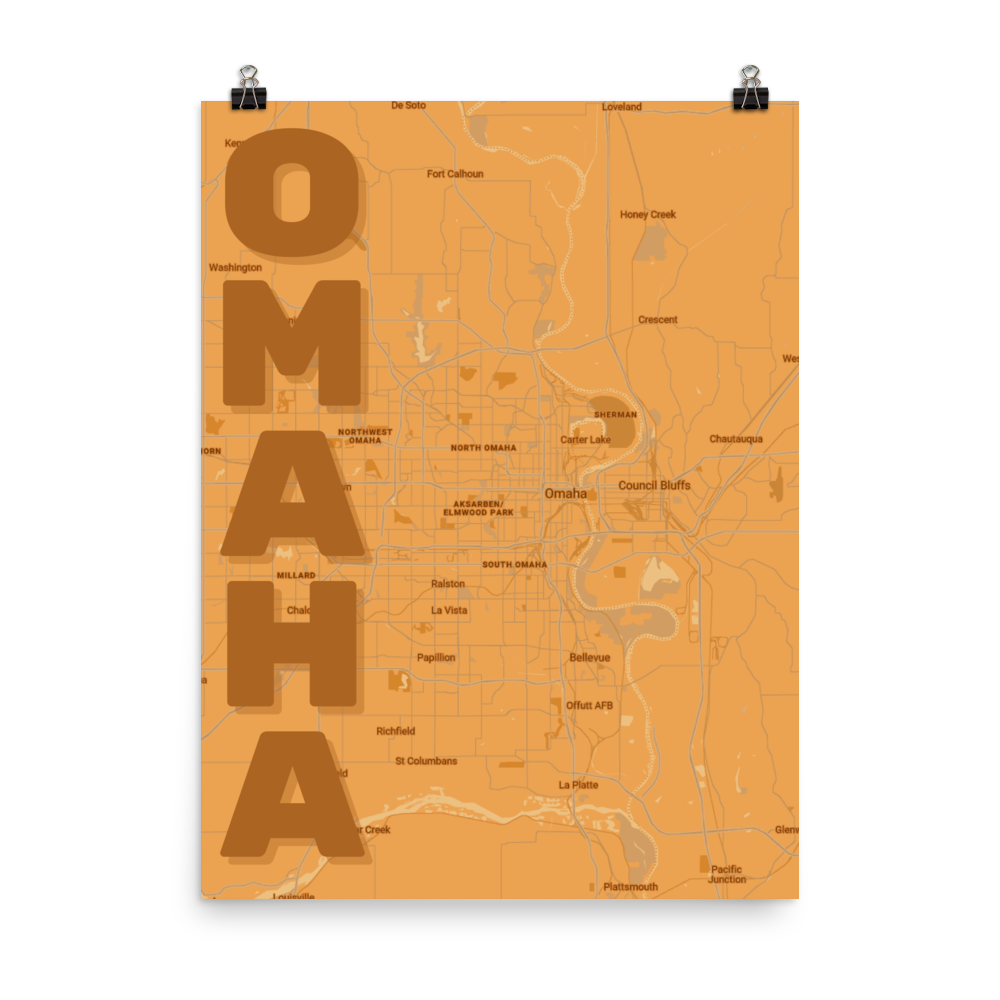 Stylized Map- Omaha, Nebraska Spellout 18" x 24"