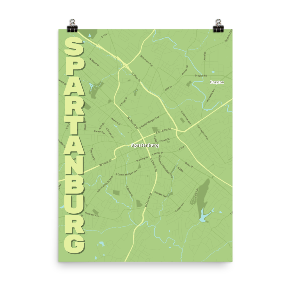 Stylized Map- Spartanburg, South Carolina Spellout 18" x 24"